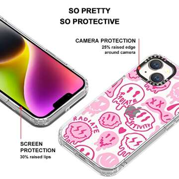 MOSNOVO Case for iPhone 14, [Buffertech 6.6ft Military-Grade Drop Protection] [Anti Peel Off Tech] Clear TPU Bumper Phone Case Cover Design - Pink Dripping Smiles