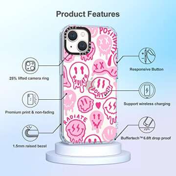 MOSNOVO Case for iPhone 14, [Buffertech 6.6ft Military-Grade Drop Protection] [Anti Peel Off Tech] Clear TPU Bumper Phone Case Cover Design - Pink Dripping Smiles