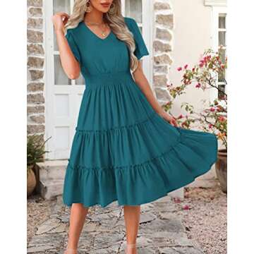 Zattcas Women 2025 Spring Summer Dress - Flowy Midi with V Neck and Smocked Waist in Teal - Perfect ...