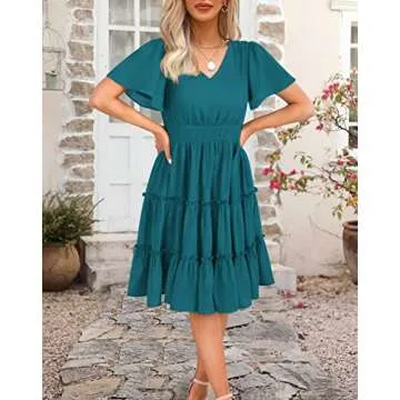 Zattcas Women Spring Summer V Neck Smocked Midi Dress