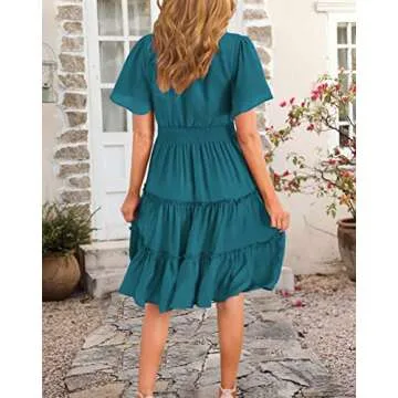 Zattcas Women Spring Summer V Neck Smocked Midi Dress