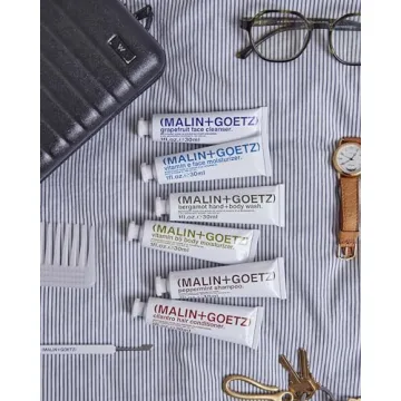 "Malin + Goetz Essential Starter Kit, 1 Fl. Oz. - Hair Shampoo & Conditioner, Facial Cleanser & Moisturizer, Hand & Body Wash, Body Moisturizer, Travel Kit, Vegan & Cruelty Free"