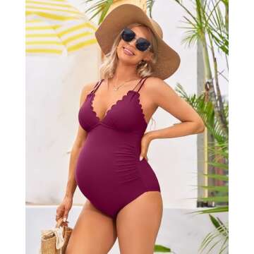 Charmo Maternity Swimwear One Piece Scallop Trim Ruched Pregnancy Swimsuit Cutout Tie Back Bathing Suits with Adjustable Straps Wine Red
