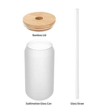 PYD Life Sublimation Glass Cans Blanks Frosted 18 OZ with Bamboo Lid and Clear Glass Straw Beer Cans Wide Mouth Jar Tumbler Cups Mugs for Iced Coffee,Juice,Soda,Drinks,Beer