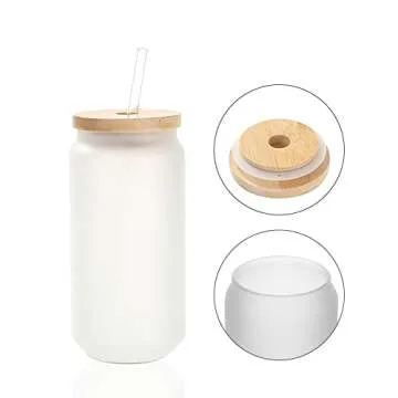 PYD Life Sublimation Glass Cans Blanks Frosted 18 OZ with Bamboo Lid and Clear Glass Straw Beer Cans Wide Mouth Jar Tumbler Cups Mugs for Iced Coffee,Juice,Soda,Drinks,Beer