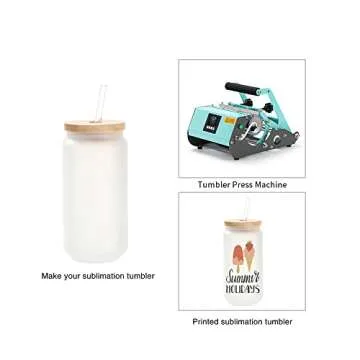 PYD Life Sublimation Glass Cans Blanks Frosted 18 OZ with Bamboo Lid and Clear Glass Straw Beer Cans Wide Mouth Jar Tumbler Cups Mugs for Iced Coffee,Juice,Soda,Drinks,Beer