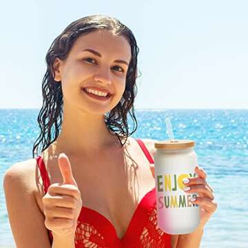 PYD Life Sublimation Glass Cans Blanks Frosted 18 OZ with Bamboo Lid and Clear Glass Straw Beer Cans Wide Mouth Jar Tumbler Cups Mugs for Iced Coffee,Juice,Soda,Drinks,Beer