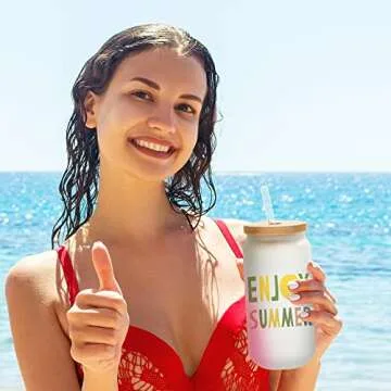 PYD Life Sublimation Glass Cans Blanks Frosted 18 OZ with Bamboo Lid and Clear Glass Straw Beer Cans Wide Mouth Jar Tumbler Cups Mugs for Iced Coffee,Juice,Soda,Drinks,Beer