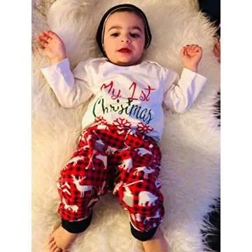 SEYOUAG My First Christmas Outfits Baby Boy Romper Newborn Funny Long Sleeve with Hat and Pants Sets 3PC (Red, 12-18 Months)