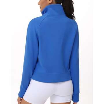 THE GYM PEOPLE Womens' Half Zip Pullover Fleece Stand Collar Crop Sweatshirt with Pockets Thumb Hole Sea Blue