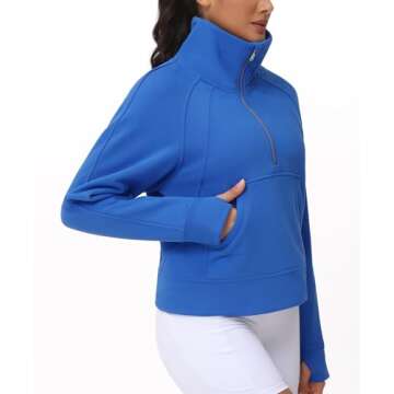 THE GYM PEOPLE Womens' Half Zip Pullover Fleece Stand Collar Crop Sweatshirt with Pockets Thumb Hole Sea Blue