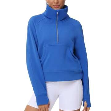 THE GYM PEOPLE Womens' Half Zip Pullover Fleece Stand Collar Crop Sweatshirt with Pockets Thumb Hole Sea Blue