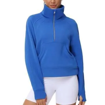THE GYM PEOPLE Womens' Half Zip Pullover Fleece Stand Collar Crop Sweatshirt with Pockets Thumb Hole Sea Blue