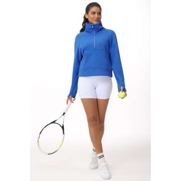 THE GYM PEOPLE Womens' Half Zip Pullover Fleece Stand Collar Crop Sweatshirt with Pockets Thumb Hole Sea Blue