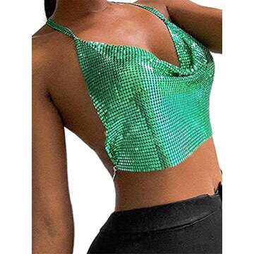 Zeelina Sequins Crop Top Bikini Green Sparkly Body Chain Chest Harness Beach Nightclub Festival Rave...