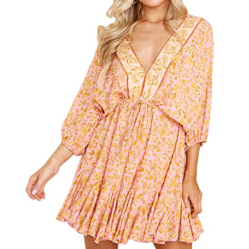 R.Vivimos Womens Summer Floral Dress 3/4 Sleeve Deep V Neck Boho Drawstring Backless Swing Mini Dress (Medium, PinkGold)