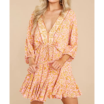 R.Vivimos Womens Summer Floral Dress 3/4 Sleeve Deep V Neck Boho Drawstring Backless Swing Mini Dress (Medium, PinkGold)