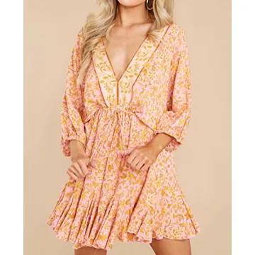 R.Vivimos Womens Summer Floral Dress 3/4 Sleeve Deep V Neck Boho Drawstring Backless Swing Mini Dress (Medium, PinkGold)
