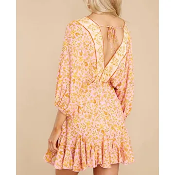 R.Vivimos Womens Summer Floral Dress 3/4 Sleeve Deep V Neck Boho Drawstring Backless Swing Mini Dress (Medium, PinkGold)