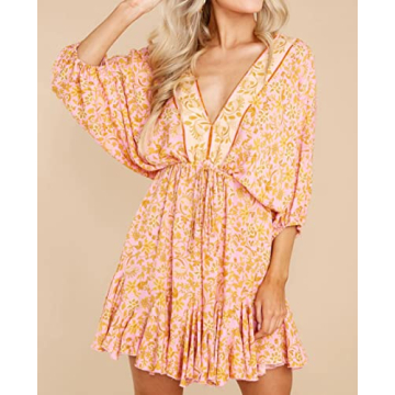 R.Vivimos Womens Summer Floral Dress 3/4 Sleeve Deep V Neck Boho Drawstring Backless Swing Mini Dress (Medium, PinkGold)