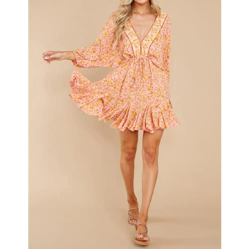 R.Vivimos Womens Summer Floral Dress 3/4 Sleeve Deep V Neck Boho Drawstring Backless Swing Mini Dress (Medium, PinkGold)