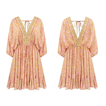 R.Vivimos Womens Summer Floral Dress 3/4 Sleeve Deep V Neck Boho Drawstring Backless Swing Mini Dress (Medium, PinkGold)
