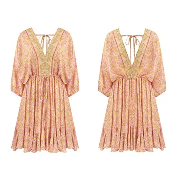 R.Vivimos Womens Summer Floral Dress 3/4 Sleeve Deep V Neck Boho Drawstring Backless Swing Mini Dress (Medium, PinkGold)