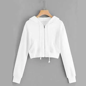 Women Hoodies Basic Lightweight Pullover Hoodies Teen Girls Crop Tops Long Sleeve Zip-Up Sweatshirt with Pocket White