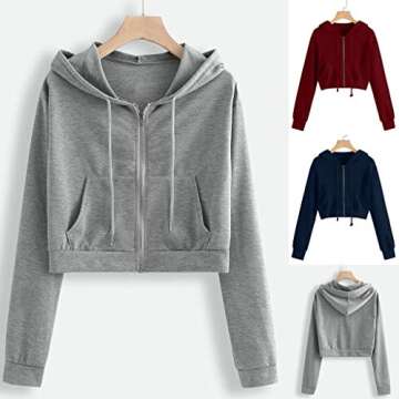 Women Hoodies Basic Lightweight Pullover Hoodies Teen Girls Crop Tops Long Sleeve Zip-Up Sweatshirt with Pocket White