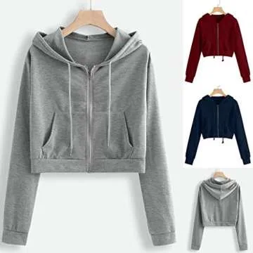 Women Hoodies Basic Lightweight Pullover Hoodies Teen Girls Crop Tops Long Sleeve Zip-Up Sweatshirt with Pocket White
