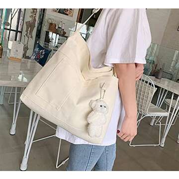 Kehpish Economical Cotton Tote Bag, Reusable Womens Canvas Tote Bag with 3 External Pocket, Top Zipper Closure White
