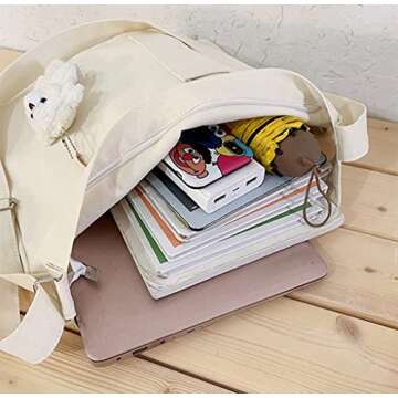 Kehpish Economical Cotton Tote Bag, Reusable Womens Canvas Tote Bag with 3 External Pocket, Top Zipper Closure White