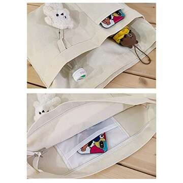 Kehpish Economical Cotton Tote Bag, Reusable Womens Canvas Tote Bag with 3 External Pocket, Top Zipper Closure White