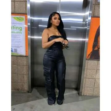 REASERAL Womens PU Leather Jumpsuit Sexy Off the Shoulder Top Tight Waist Cargo Pants Bodysuit