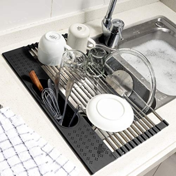 koroda Roll Up Dish Drying Rack Over The Sink: SUS304 Stainless Steel Dish Drainer with Utensil Holder for Kitchen Sink (17.3" × 11", Black)