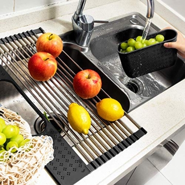 koroda Roll Up Dish Drying Rack Over The Sink: SUS304 Stainless Steel Dish Drainer with Utensil Holder for Kitchen Sink (17.3" × 11", Black)