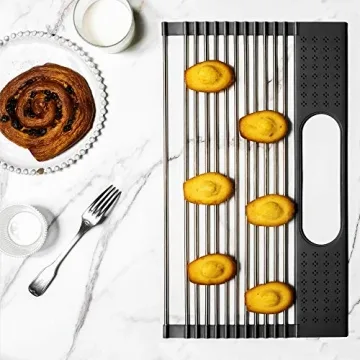 koroda Roll Up Dish Drying Rack Over The Sink: SUS304 Stainless Steel Dish Drainer with Utensil Holder for Kitchen Sink (17.3" × 11", Black)