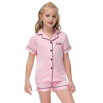 Veseacky Toddler Girls Satin Pajamas Sets Kids Silk Pjs Short Sleeve Button Down Sleepwear Soft Loun...