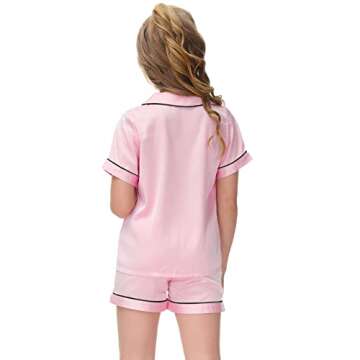 Veseacky Toddler Girls Satin Pajamas Sets Kids Silk Pjs Short Sleeve Button Down Sleepwear Soft Loungewear Set(Pink,size 4)