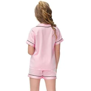 Veseacky Toddler Girls Satin Pajamas Sets Kids Silk Pjs Short Sleeve Button Down Sleepwear Soft Loungewear Set(Pink,size 4)