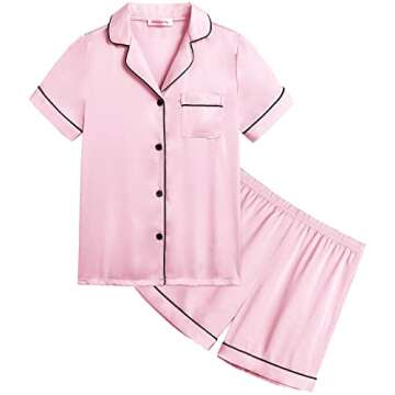 Veseacky Toddler Girls Satin Pajamas Sets Kids Silk Pjs Short Sleeve Button Down Sleepwear Soft Loungewear Set(Pink,size 4)