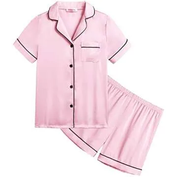 Veseacky Toddler Girls Satin Pajamas Sets Kids Silk Pjs Short Sleeve Button Down Sleepwear Soft Loungewear Set(Pink,size 4)