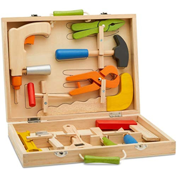Top Race 10 Piece Tool Box Set - Colorful Wooden Tools for Kids