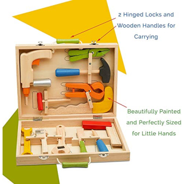 Top Race 10 Piece Tool Box Set - Colorful Wooden Tools for Kids