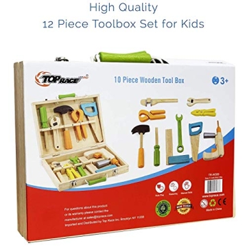 Top Race 10 Piece Tool Box Set - Colorful Wooden Tools for Kids