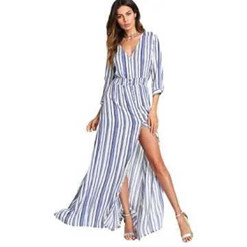 Milumia Women's Stripe V Neck Half Sleeve Split Button Up Party Maxi Dress A Blue Large