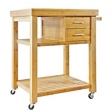 Home Aesthetics Rolling Kitchen Island Cart with Drawers Shelves, Towel Rack, Locking Casters, Butcher Block Food Prepping Cart Trolley on Wheels, Bamboo Wood