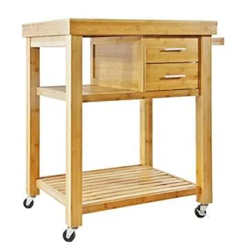 Home Aesthetics Rolling Kitchen Island Cart with Drawers Shelves, Towel Rack, Locking Casters, Butcher Block Food Prepping Cart Trolley on Wheels, Bamboo Wood