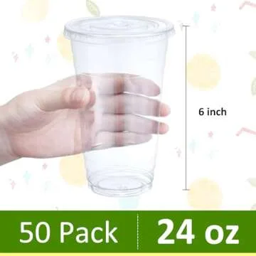Eupako 24 oz Plastic Cups with Lids - 50 Sets for Iced Coffee, Smoothies, Bubble Tea