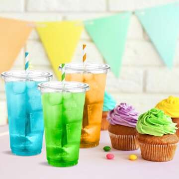 Eupako 24 oz Plastic Cups with Lids, Clear Disposable To Go Cups with Lids for Iced Coffee, Cold Drinks, Smoothies, Bubble Boba， 50 Sets